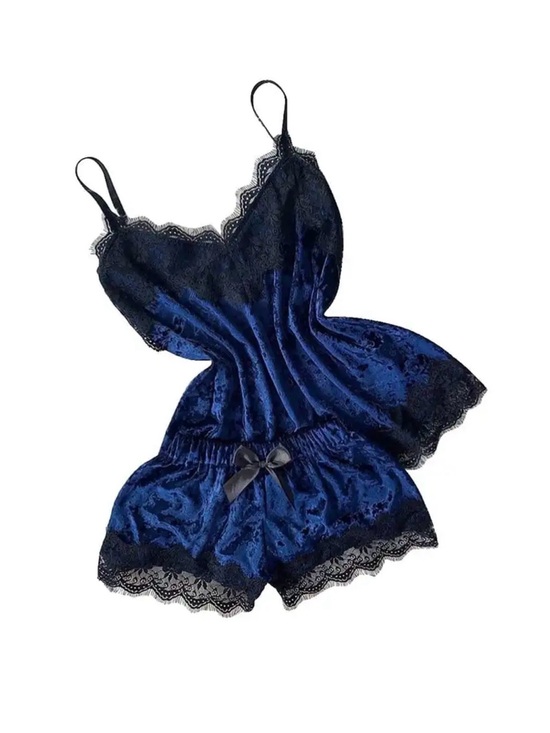 Other - Navy Lace-Trim Plush Velvet Cami & Short Sleep Set